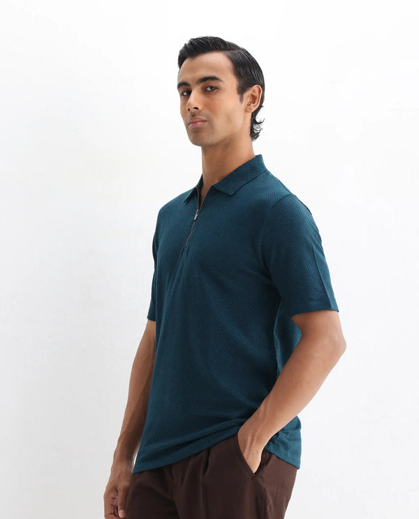 Rare Rabbit Men's Cabetta Navy Cotton Fabric Collared Neck Zipper Closure Half Sleeves Jacquard Polo T-Shirt