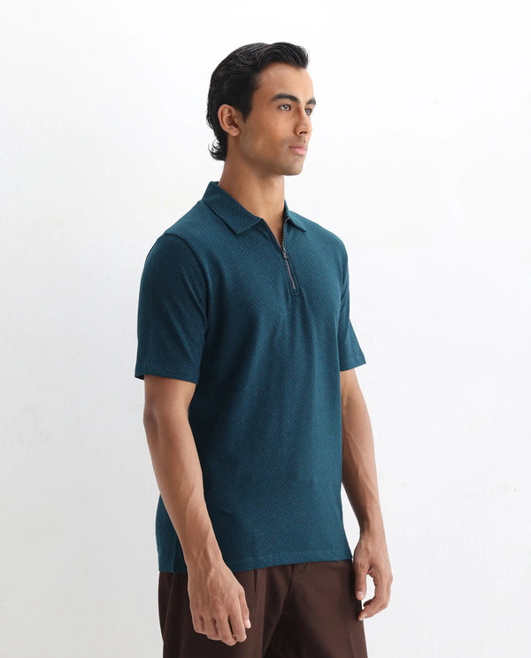 Rare Rabbit Men's Cabetta Navy Cotton Fabric Collared Neck Zipper Closure Half Sleeves Jacquard Polo T-Shirt