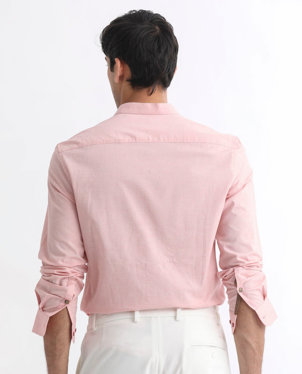 Rare Rabbit Men's Cadmi Light Pink Mandarin Collar Dobby Full Sleeves Solid Shirt