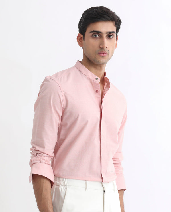 Rare Rabbit Men's Cadmi Light Pink Mandarin Collar Dobby Full Sleeves Solid Shirt