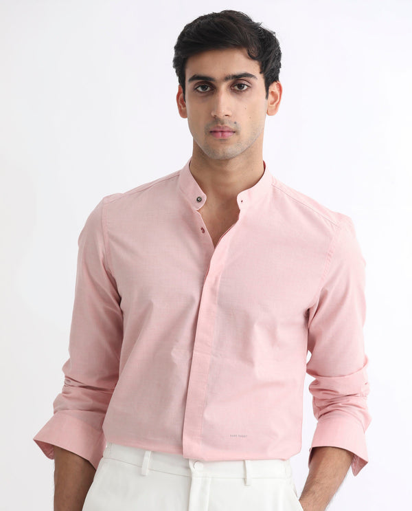 Rare Rabbit Men's Cadmi Light Pink Mandarin Collar Dobby Full Sleeves Solid Shirt