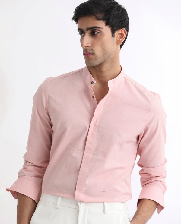 Rare Rabbit Men's Cadmi Light Pink Mandarin Collar Dobby Full Sleeves Solid Shirt