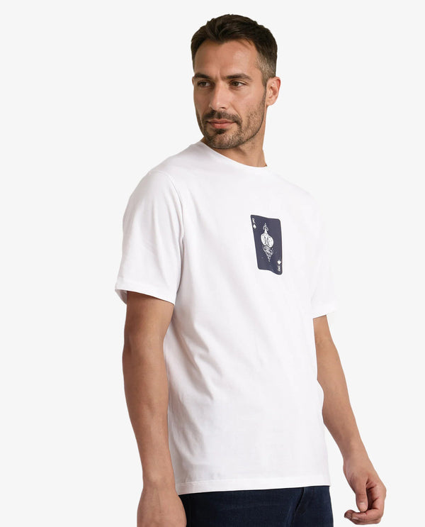 Rare Rabbit Men Caf White Cotton Lycra Fabric Short Sleeve Crew Neck Regular Fit Graphic Print T-Shirt