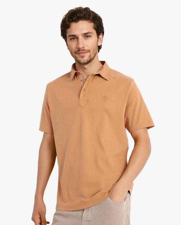 Rare Rabbit Men Calix Mustard Short Sleeve Collared Neck Plain Embroidered Logo Polo