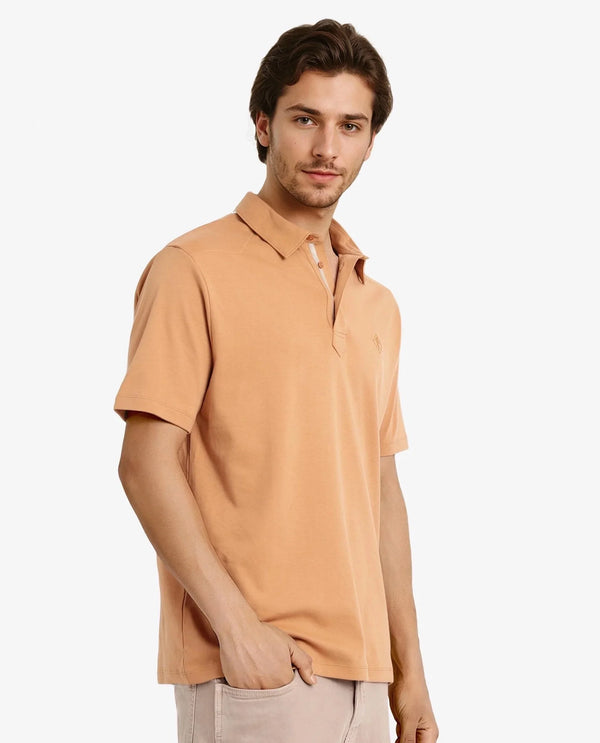 Rare Rabbit Men Calix Mustard Short Sleeve Collared Neck Plain Embroidered Logo Polo