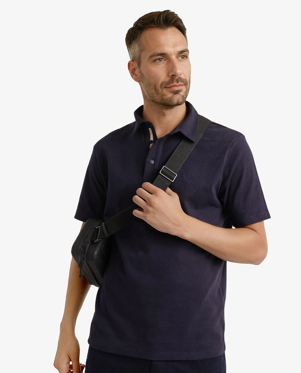 Rare Rabbit Men Calix Navy Short Sleeve Collared Neck Plain Embroidered Logo Polo