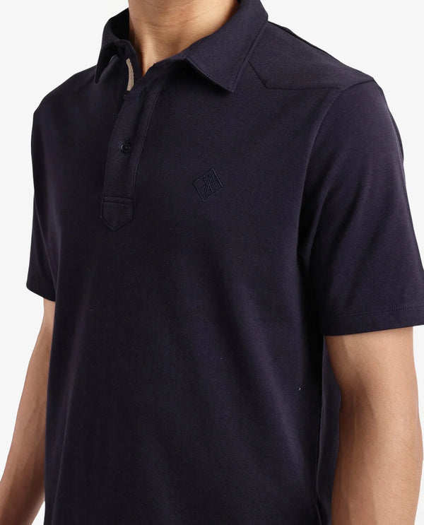 Rare Rabbit Men Calix Navy Short Sleeve Collared Neck Plain Embroidered Logo Polo