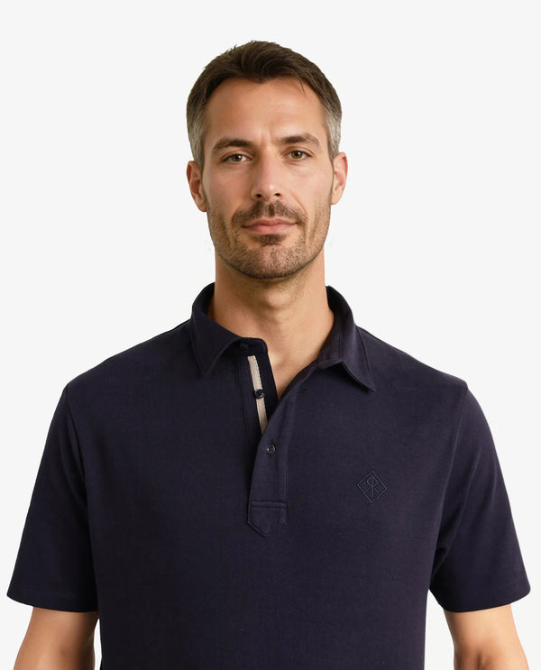 Rare Rabbit Men Calix Navy Short Sleeve Collared Neck Plain Embroidered Logo Polo