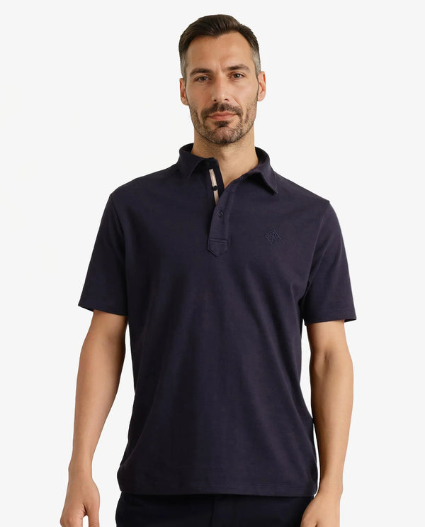 Rare Rabbit Men Calix Navy Short Sleeve Collared Neck Plain Embroidered Logo Polo