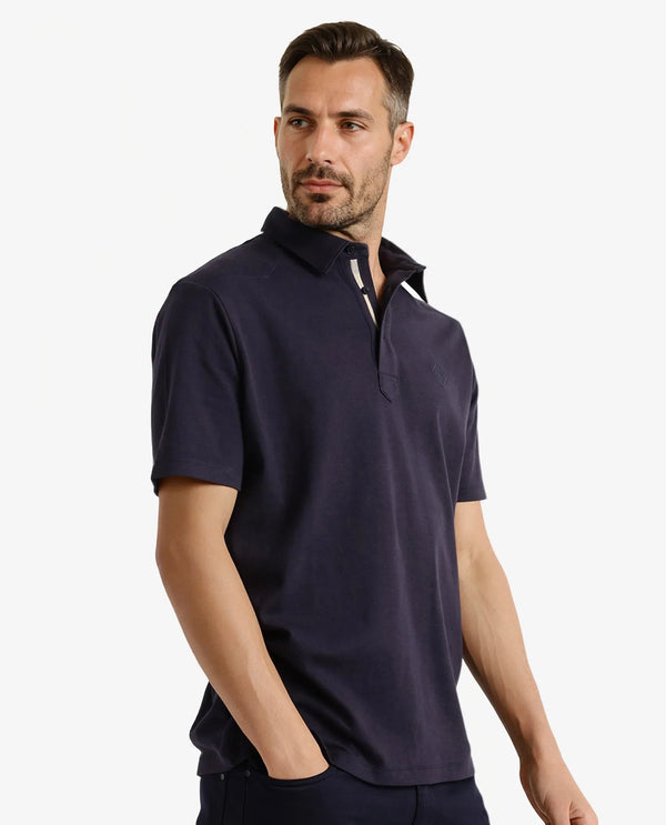 Rare Rabbit Men Calix Navy Short Sleeve Collared Neck Plain Embroidered Logo Polo