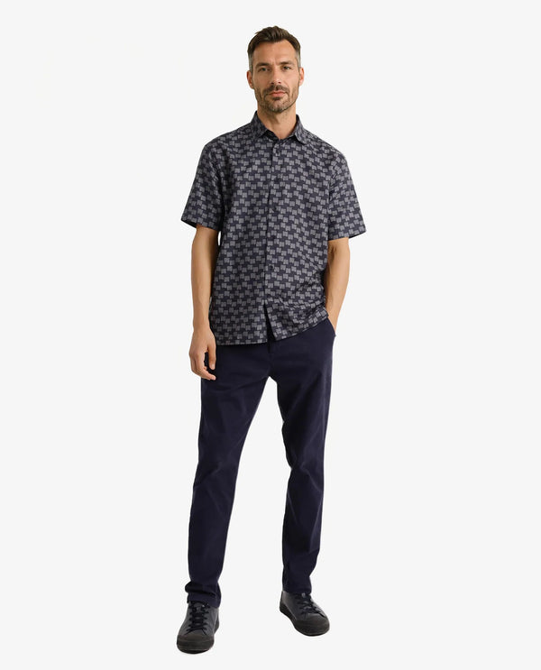 Rare Rabbit Men Calo Navy Short Sleeve Regular Collar Button Closure Boxy Fit Monogram Print Shirt