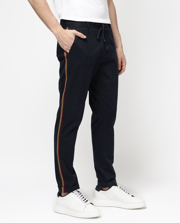 Rare Rabbit Mens Caloon Navy Cotton Blend Drawstring Closure Regular Fit Solid Trouser