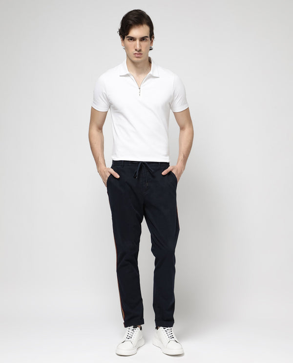 Rare Rabbit Mens Caloon Navy Cotton Blend Drawstring Closure Regular Fit Solid Trouser