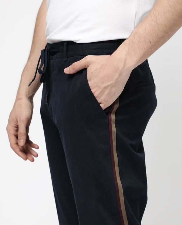 Rare Rabbit Mens Caloon Navy Cotton Blend Drawstring Closure Regular Fit Solid Trouser