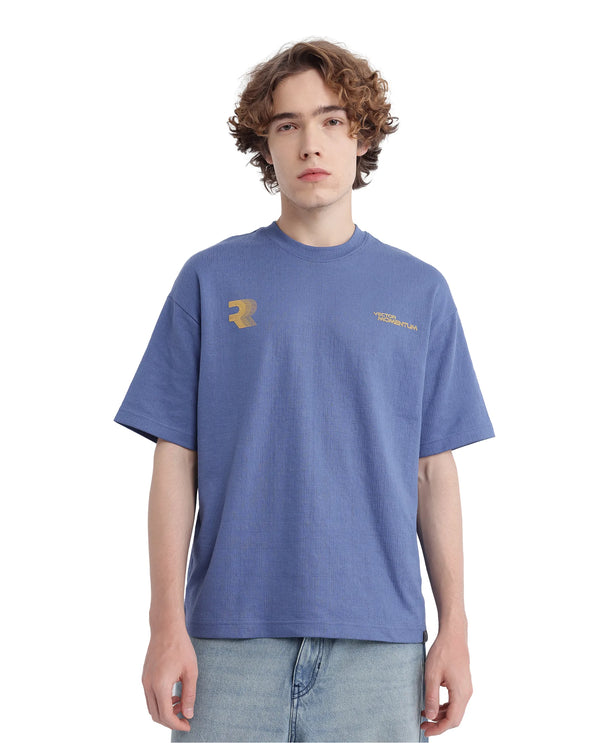 Rare Rabbit Men Calro Dusky Blue Cotton Poly Fabric Short Sleeve Crew Neck Oversized Fit Graphic Typography Print T-Shirt