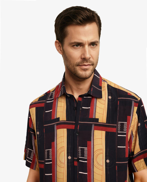 Rare Rabbit Men Calt Black Viscose Fabric Short Sleeve Boxy Fit Abstract Print Shirt