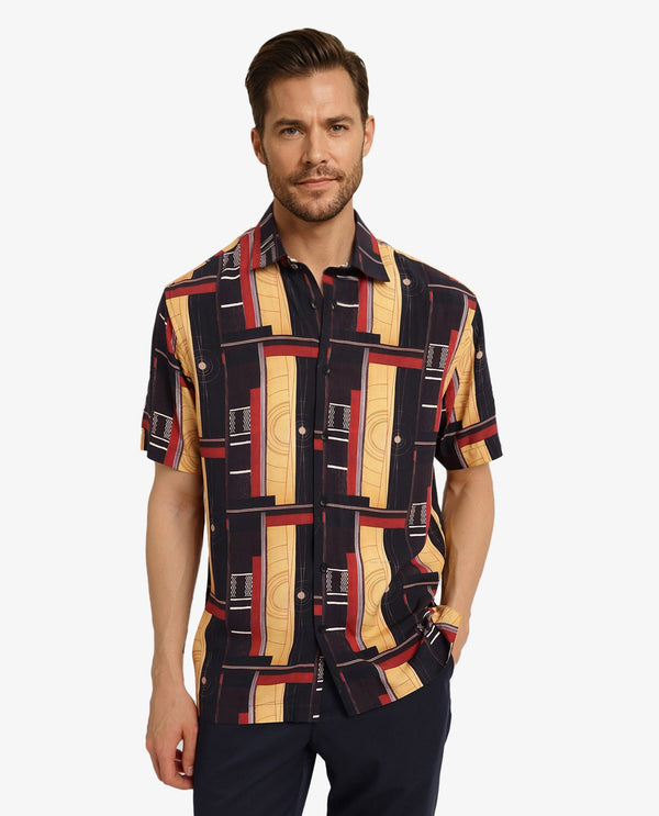 Rare Rabbit Men Calt Black Viscose Fabric Short Sleeve Boxy Fit Abstract Print Shirt