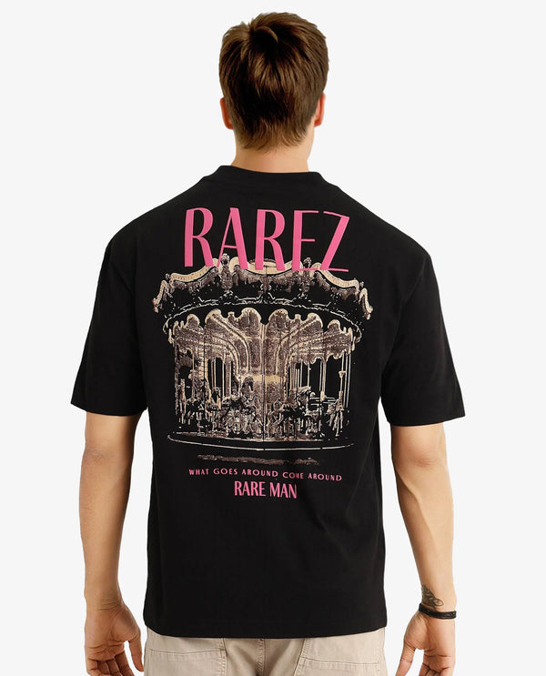 Rare Rabbit Men Carl Black Cotton Fabric Short Sleeve Crew Neck Oversized Fit Graphic Back Print T-Shirt