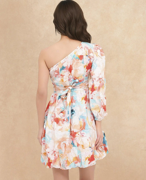 Rareism Women Carmen Light Multi Bishop Sleeve One Shoulder Zipper Fit And Flare Floral Print Mini Dress