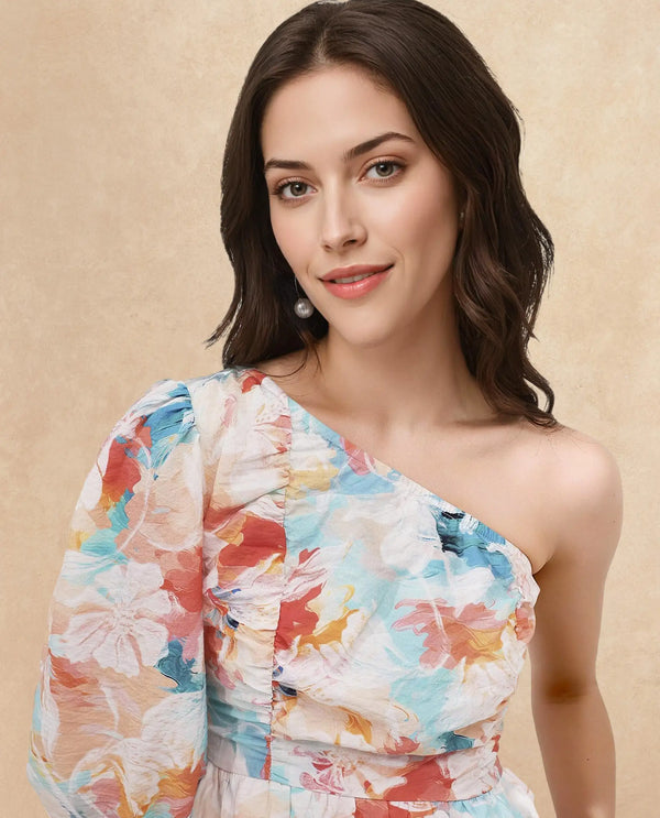 Rareism Women Carmen Light Multi Bishop Sleeve One Shoulder Zipper Fit And Flare Floral Print Mini Dress