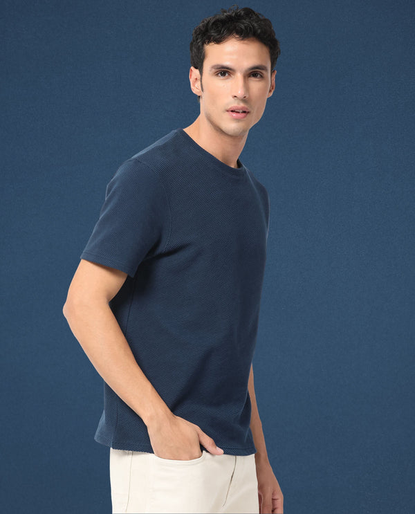 Rare Rabbit Men's Cas Petrol Solid Crew Neck Ottoman Textured Drop Shoulder Half Sleeves T-Shirt
