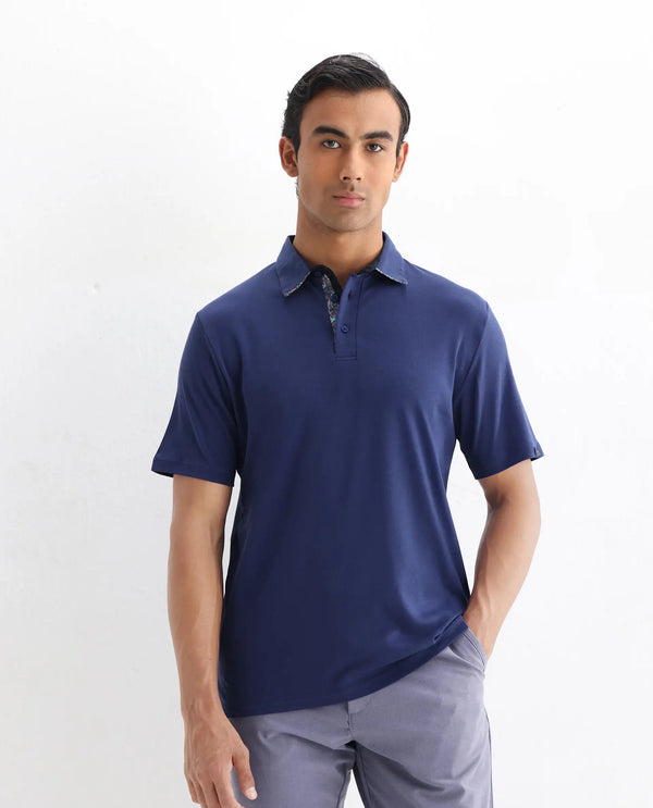 Rare Rabbit Men's Casca Dark Blue Cotton Fabric Collared Neck Half Sleeves Polo T-Shirt