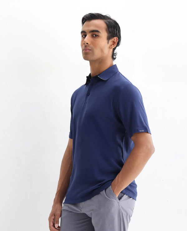 Rare Rabbit Men's Casca Dark Blue Cotton Fabric Collared Neck Half Sleeves Polo T-Shirt