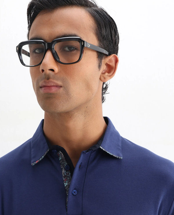Rare Rabbit Men's Casca Dark Blue Cotton Fabric Collared Neck Half Sleeves Polo T-Shirt