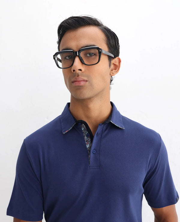 Rare Rabbit Men's Casca Dark Blue Cotton Fabric Collared Neck Half Sleeves Polo T-Shirt