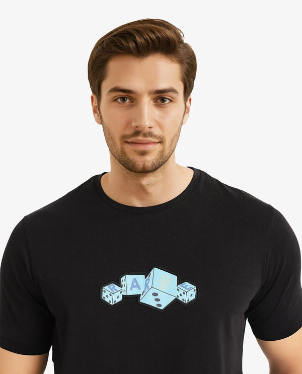 Rare Rabbit Men Cason Black Cotton Lycra Fabric Short Sleeve Crew Neck Regular Fit Graphic Print T-Shirt
