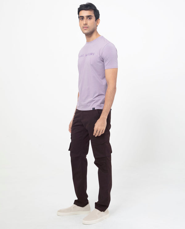 Rare Rabbit Men's Celu Dark Maroon Solid Mid-Rise Cargo Style Slim-Fit Trouser