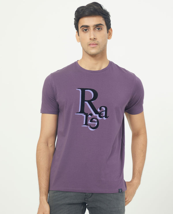 Rare Rabbit Men's Cero Dark Purple Crew Neck Flock Print Branding Half Sleeves Regular Fit T-Shirt