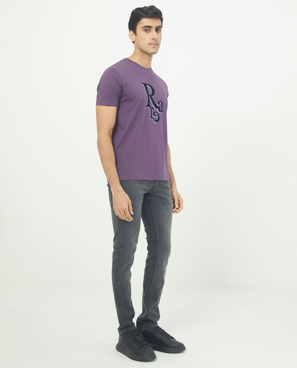 Rare Rabbit Men's Cero Dark Purple Crew Neck Flock Print Branding Half Sleeves Regular Fit T-Shirt
