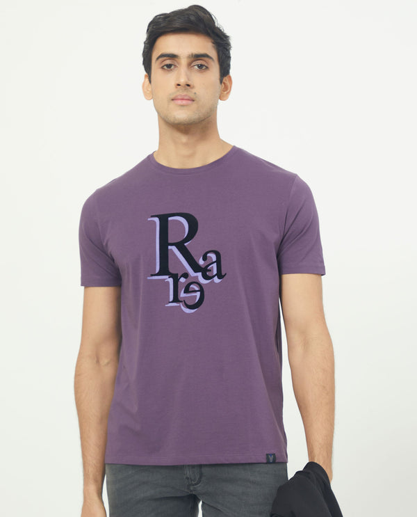 Rare Rabbit Men's Cero Dark Purple Crew Neck Flock Print Branding Half Sleeves Regular Fit T-Shirt