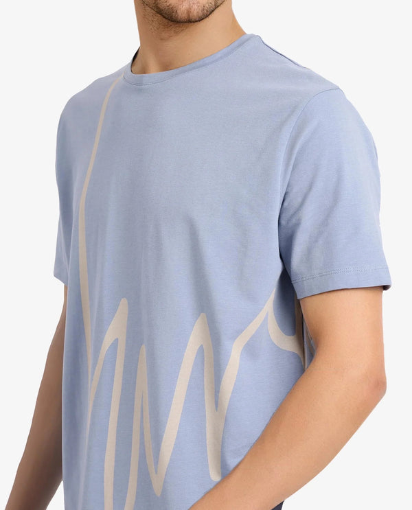 Rare Rabbit Men Chael Dusky Blue Cotton Lycra Fabric Short Sleeve Crew Neck Regular Fit Graphic Signature Print T-Shirt