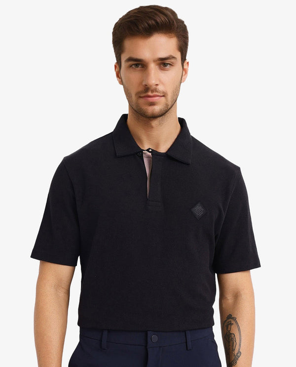 Rare Rabbit Men's Charles Black Cotton Fabric Short Sleeve Regular Fit Plain Knitted Polo T-Shirt