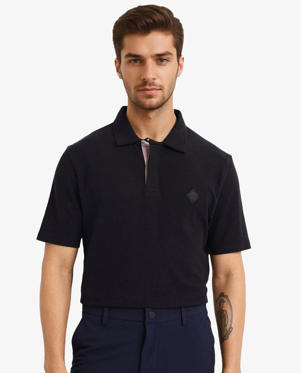 Rare Rabbit Men's Charles Black Cotton Fabric Short Sleeve Regular Fit Plain Knitted Polo T-Shirt