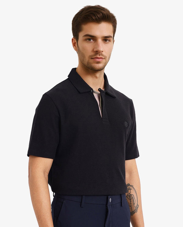 Rare Rabbit Men's Charles Black Cotton Fabric Short Sleeve Regular Fit Plain Knitted Polo T-Shirt