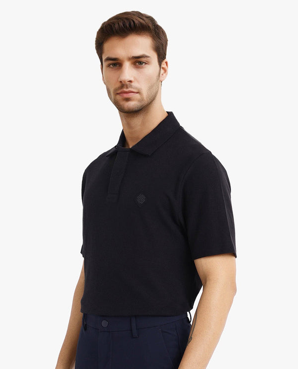Rare Rabbit Men's Charles Black Cotton Fabric Short Sleeve Regular Fit Plain Knitted Polo T-Shirt