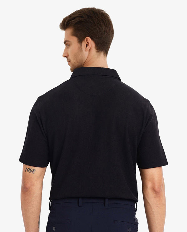 Rare Rabbit Men's Charles Black Cotton Fabric Short Sleeve Regular Fit Plain Knitted Polo T-Shirt