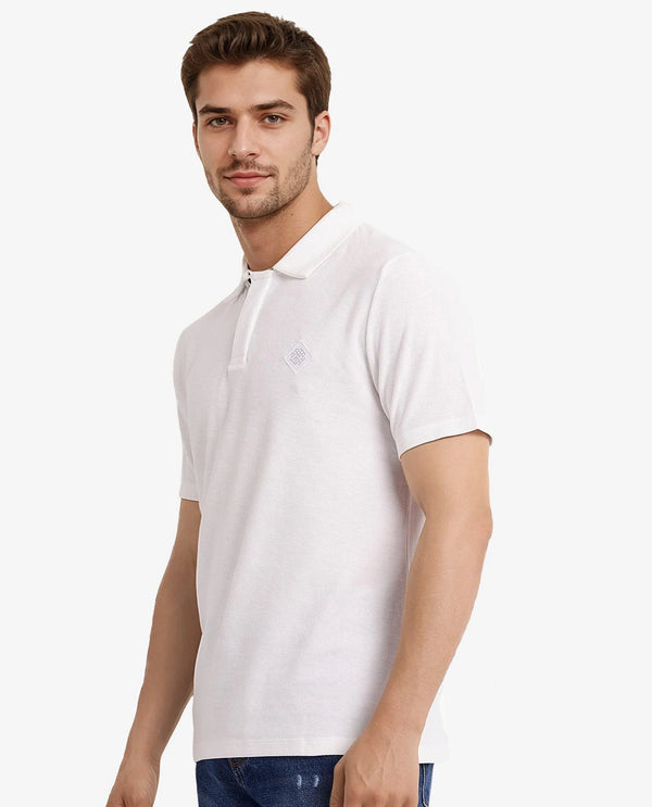 Rare Rabbit Men's Charles Off White Cotton Fabric Short Sleeve Regular Fit Plain Knitted Polo T-Shirt