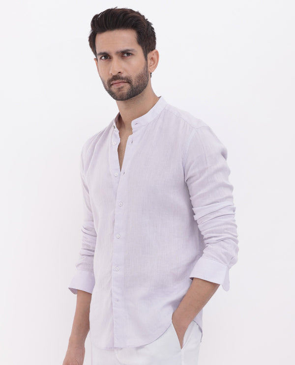 Rare Rabbit Men's Cinex Pastel Purple Full Sleeve Mandarin Collar Solid Linen Shirt