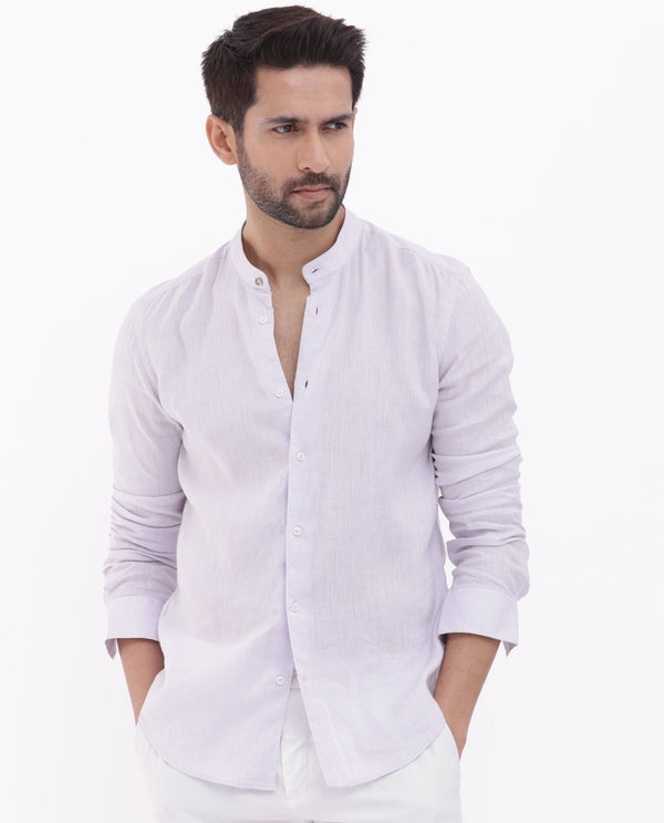Rare Rabbit Men's Cinex Pastel Purple Full Sleeve Mandarin Collar Solid Linen Shirt
