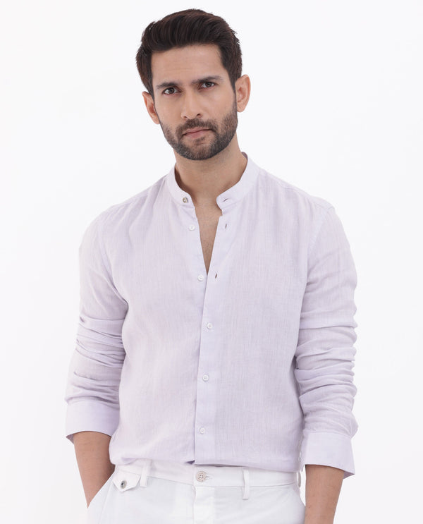 Rare Rabbit Men's Cinex Pastel Purple Full Sleeve Mandarin Collar Solid Linen Shirt