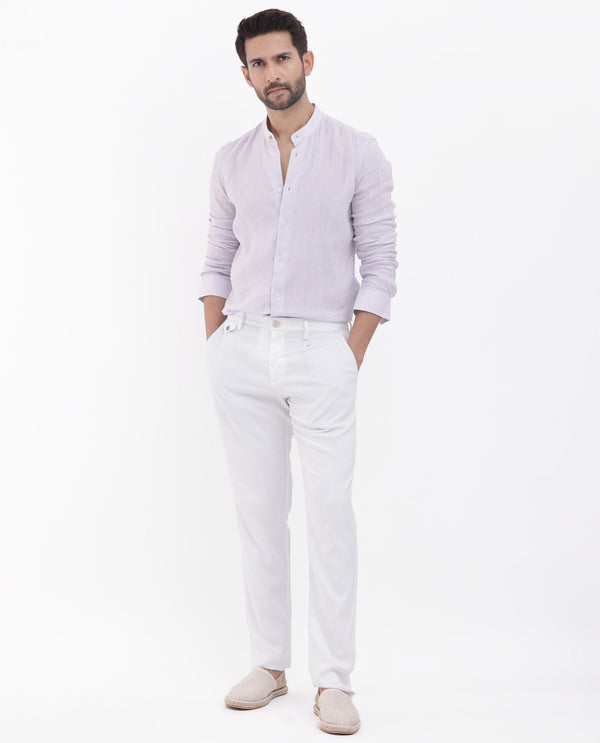 Rare Rabbit Men's Cinex Pastel Purple Full Sleeve Mandarin Collar Solid Linen Shirt