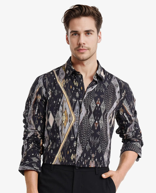 Rare Rabbit Men Ciphor Black Full Sleeve Regular Fit Decorative Print Shirt