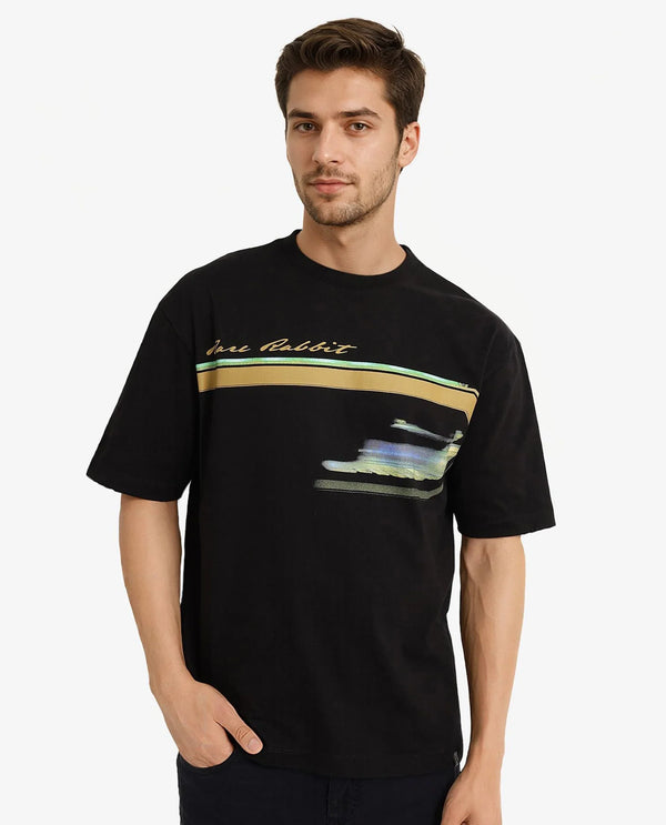 Rare Rabbit Men Cius Black Cotton Fabric Short Sleeve Crew Neck Oversized Fit Graphic Print T-Shirt
