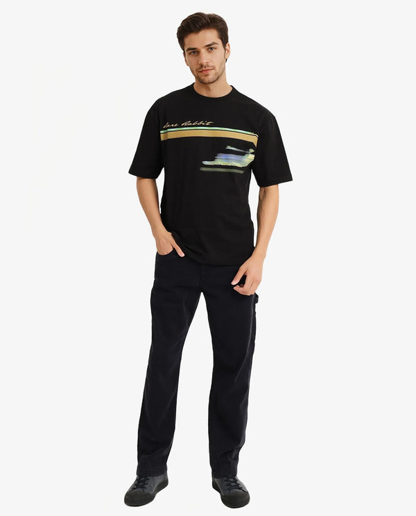 Rare Rabbit Men Cius Black Cotton Fabric Short Sleeve Crew Neck Oversized Fit Graphic Print T-Shirt