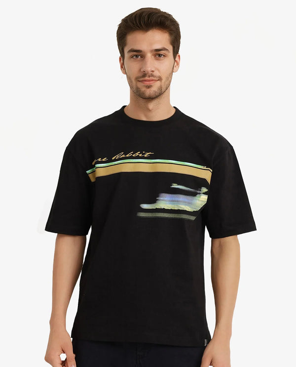 Rare Rabbit Men Cius Black Cotton Fabric Short Sleeve Crew Neck Oversized Fit Graphic Print T-Shirt
