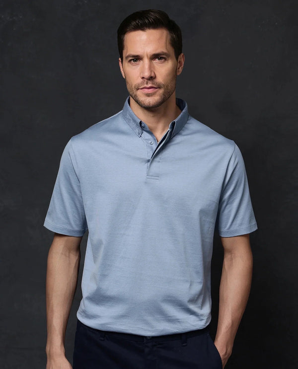 Rare Rabbit Men Clarence-1 Dusky Blue Short Sleeve Jacquard Detailing on Collar Button Closure Plain Polo T-Shirt